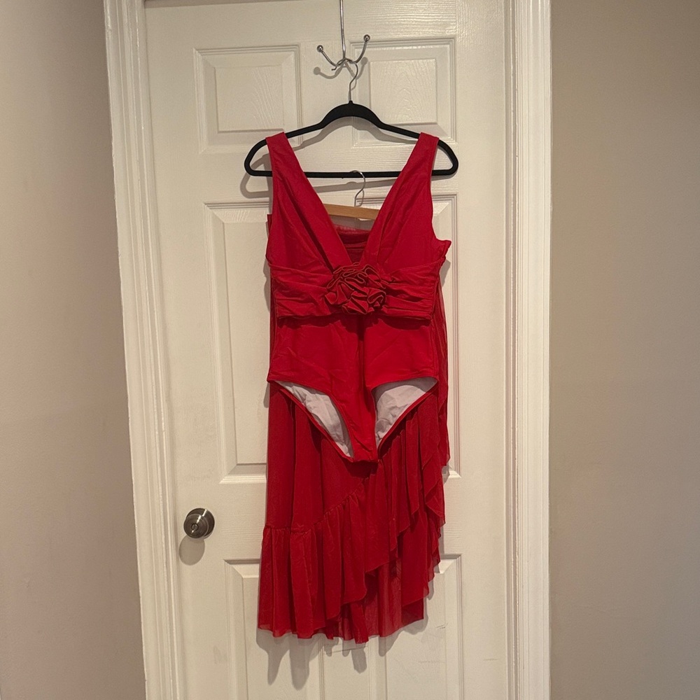 Red Floral Accent Plunge One-Piece Swimsuit & Matching Maxi Skirt Set - Picture 2 of 15